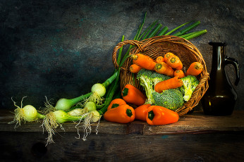 обоя еда, овощи, корзина, морковь, перец, лук, натюрморт, spring, onions
