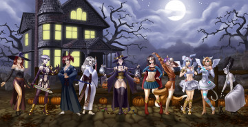 Картинка праздничные хэллоуин облака луна дом фон тыквы взгляд девушки