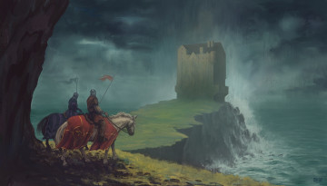 Картинка фэнтези люди утес рыцари доспехи лошади замок