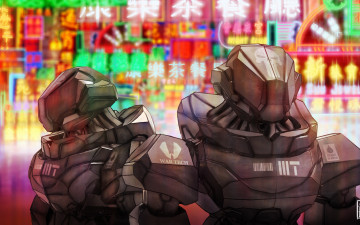Картинка фэнтези роботы +киборги +механизмы наемник фантастика вывеска вечер город шлем броня киборг робот