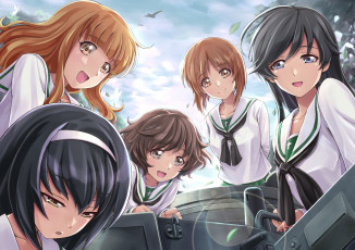 Картинка аниме girls+und+panzer девушки взгляд фон