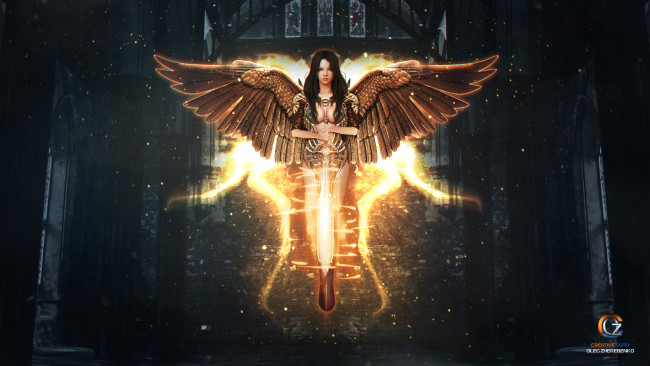 Обои картинки фото фэнтези, ангелы, брюнетка, меч, ангел, крылья, оружие, фентези, девушка