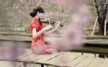 обоя музыка, -другое, азиатка, кимоно, девушка, скрипка