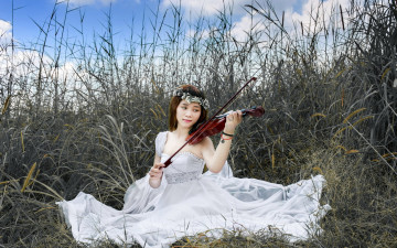 Картинка музыка -другое девушка скрипка азиатка трава природа