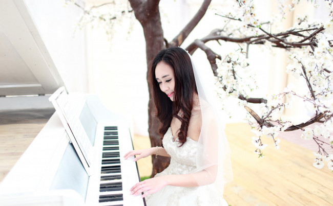 Обои картинки фото музыка, -другое, дерево, невеста, азиатка, пианино, девушка