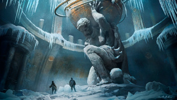 Картинка фэнтези иные+миры +иные+времена зал снег статуя атлант люди лед