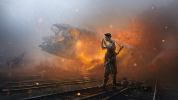 Картинка фэнтези люди взрыв рельсы оружие человек