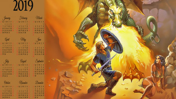 Картинка календари фэнтези calendar щит оружие пламя огонь женщина мужчина дракон