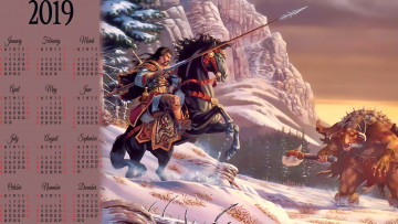 Картинка календари фэнтези природа calendar снег лошадь оружие конь мужчина всадник рога существо