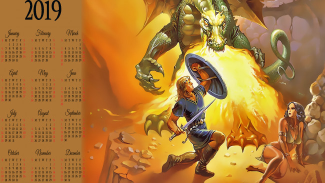 Обои картинки фото календари, фэнтези, calendar, щит, оружие, пламя, огонь, женщина, мужчина, дракон