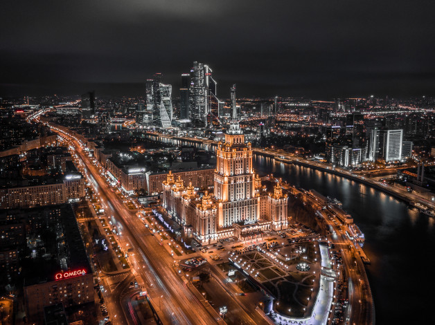 Обои картинки фото города, москва , россия, гостиница, украина, москва, река, твбн, огни, ночь