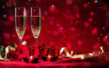 Картинка праздничные день+святого+валентина +сердечки +любовь свечи бокалы шампанское розы сердечки