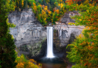 обоя природа, водопады, осень, лес, деревья, скалы, берег, листва, вид, водопад