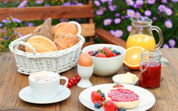 Картинка еда сервировка завтрак хлеб фрукты джем сок