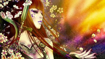 Картинка фэнтези девушки бабочка меч цветы