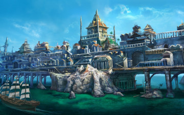 Картинка фэнтези замки море корабль скалы дома пейзаж мост парусник чайки город