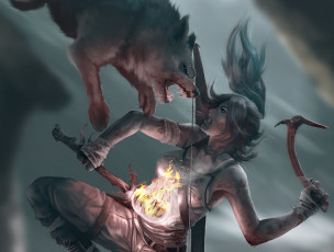 Картинка видео игры tomb raider 2013 факел волк девушка