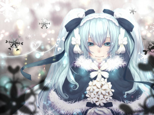 Картинка аниме vocaloid холод цветы девушка phino улыбка art взгляд hatsune miku вокалоид зима