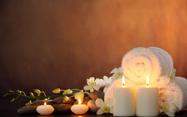 Обои картинки фото разное, свечи, цветы, white, orchid, спа, камни, flowers, candles, spa, stones, белая, орхидея