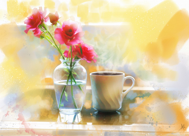 Обои картинки фото рисованные, живопись, натюрморт, ваза, цветы, розы, чашка, кофе
