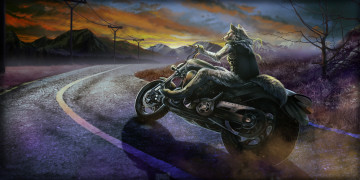 Картинка фэнтези оборотни оборотень волк дорога мотоцикл