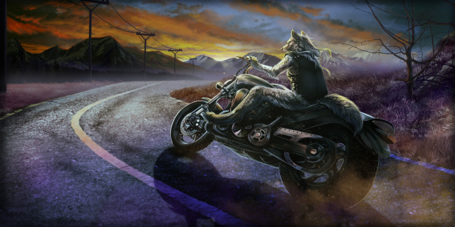 Обои картинки фото фэнтези, оборотни, оборотень, волк, дорога, мотоцикл