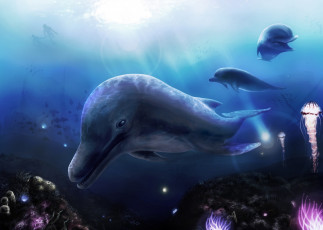 обоя рисованное, животные,  дельфины, под, водой, дельфины, медузы