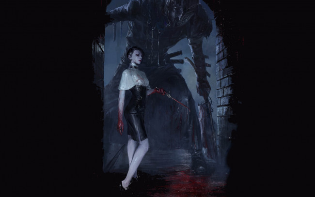 Обои картинки фото фэнтези, вампиры, демон, нож, арка, кровь, девушка