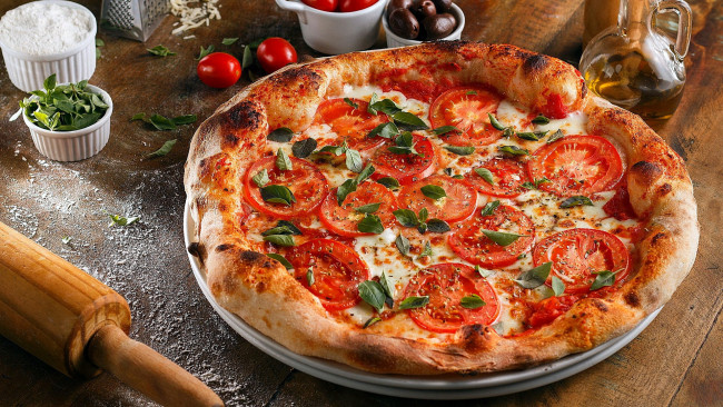 Обои картинки фото еда, пицца, помидоры, сыр