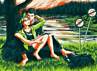 Картинка векторная+графика люди+ people парень девушка дерево озеро знаки