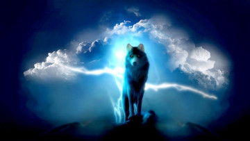 Картинка фэнтези оборотни облака волк свечение вершина glow wolf fantasy art peak арт louds