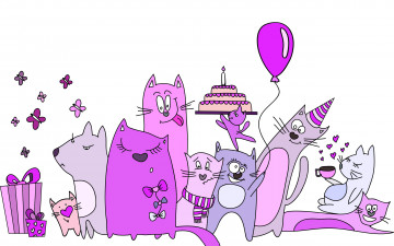 Картинка рисованное праздники коты вечеринка торт шар