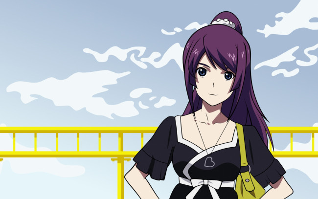 Обои картинки фото аниме, bakemonogatari, senjougahara hitagi, девушка, небо, облака, платье, кулон, сумка