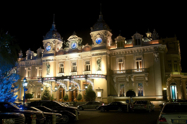Обои картинки фото казино, монако, монте, карло, монако, города, часы, иллюминация, ночь