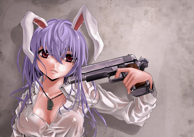 Обои картинки фото аниме, touhou, пистолет, уши, оружие, зайка