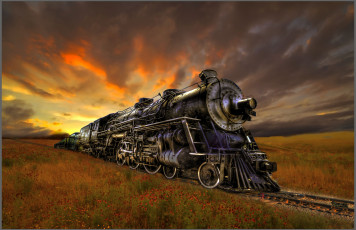 Картинка техника паровозы поезд состав луга закат