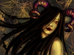 Картинка фэнтези демоны пауки девушка рога демон паутина