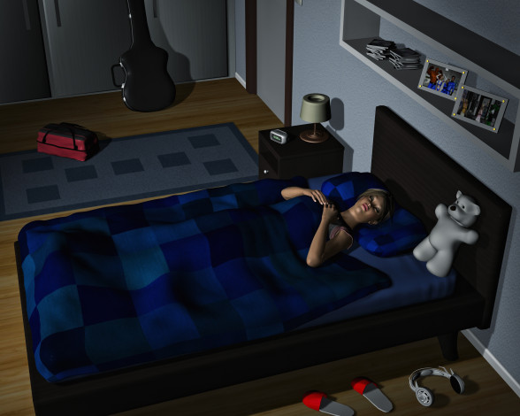 Обои картинки фото 3д графика, люди , people, девушка, сон, кровать, наушники, комната