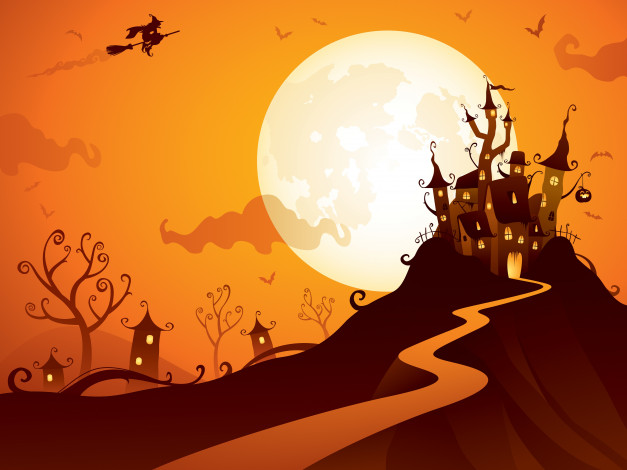 Обои картинки фото векторная графика, другое, гора, хэллоуин, праздник, замок, птицы, баба-яга, луна