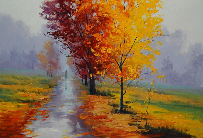 Обои картинки фото рисованные, живопись, человек, дорожка, дождь, туман, парк, деревья, осень