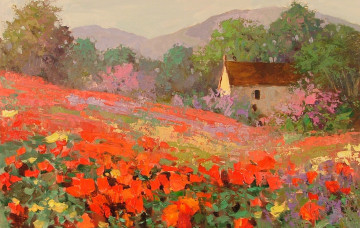 Картинка рисованное живопись пейзаж домик маки цветы поле
