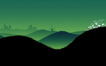 Картинка векторная+графика природа+ nature трава мельница город холмы