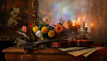 обоя музыка, -музыкальные инструменты, still, life, скрипка, столик, розы, ваза, свечи, картина, андрей, морозов, andrey, morozov, чернильница, перо, ноты, цветы