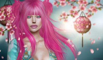 Картинка 3д+графика люди+ people розовые волосы портрет девушка