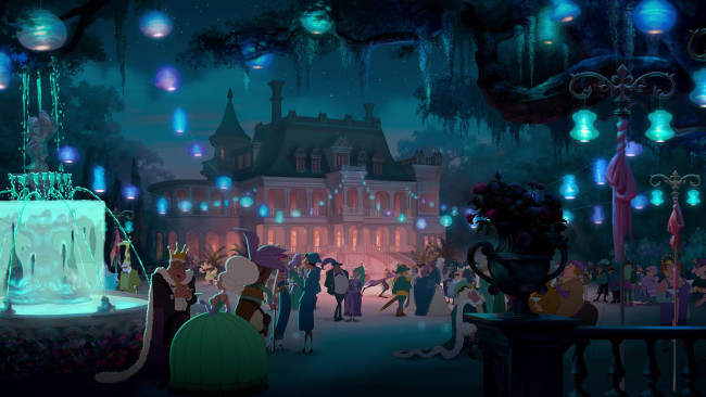 Обои картинки фото мультфильмы, the princess and the frog, дворец, фонари, фонтан, люди