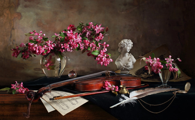 Обои картинки фото музыка, -музыкальные инструменты, ноты, бюст, девушка, скрипка, цветы, ветки, бокал, ваза, перо, still, life, andrey, morozov, андрей, морозов