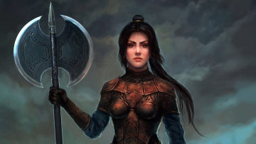 Картинка фэнтези девушки dark girl fantasy weapon warrior ponytail brunette artwork art double ax