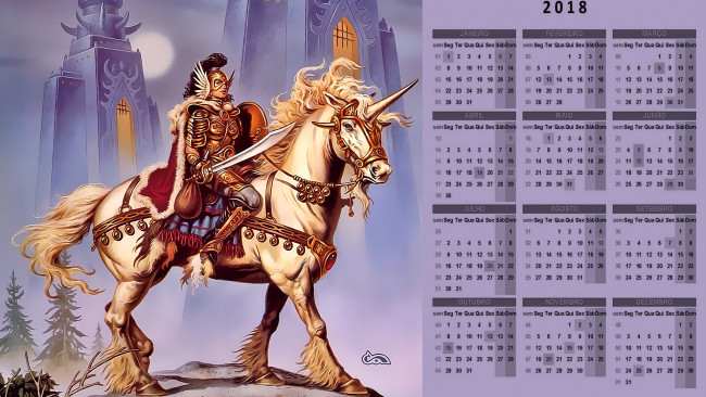 Обои картинки фото календари, фэнтези, человек, лошадь, конь, постройка, всадник