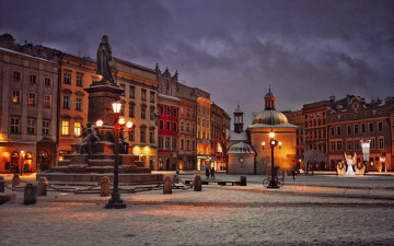 Картинка города краков+ польша площадь памятник фонари вечер зима