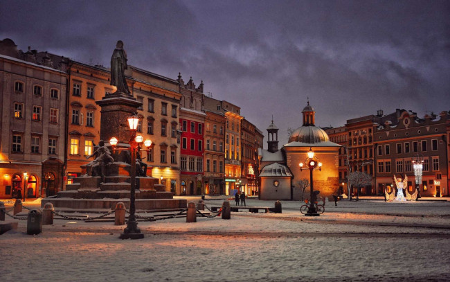 Обои картинки фото города, краков , польша, площадь, памятник, фонари, вечер, зима